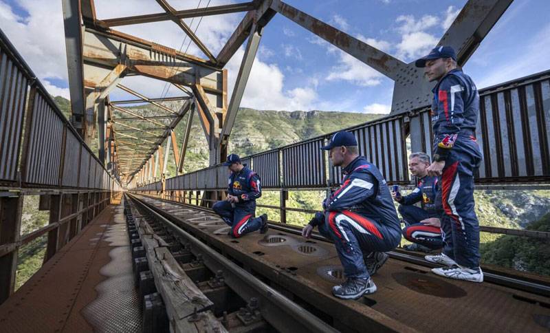 Red Bull pilots flying under the highest railway bridge in Europe in Mala Rijeka in Montenegro