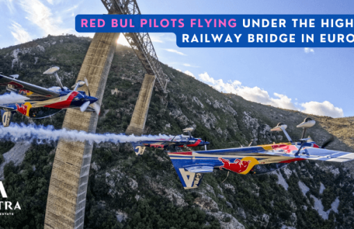 Red Bull pilots flying under the highest railway bridge in Europe in Mala Rijeka in Montenegro